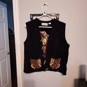 BellePointe Black and Gold Cheetah Vest with Front Cheetah Pattern Pockets